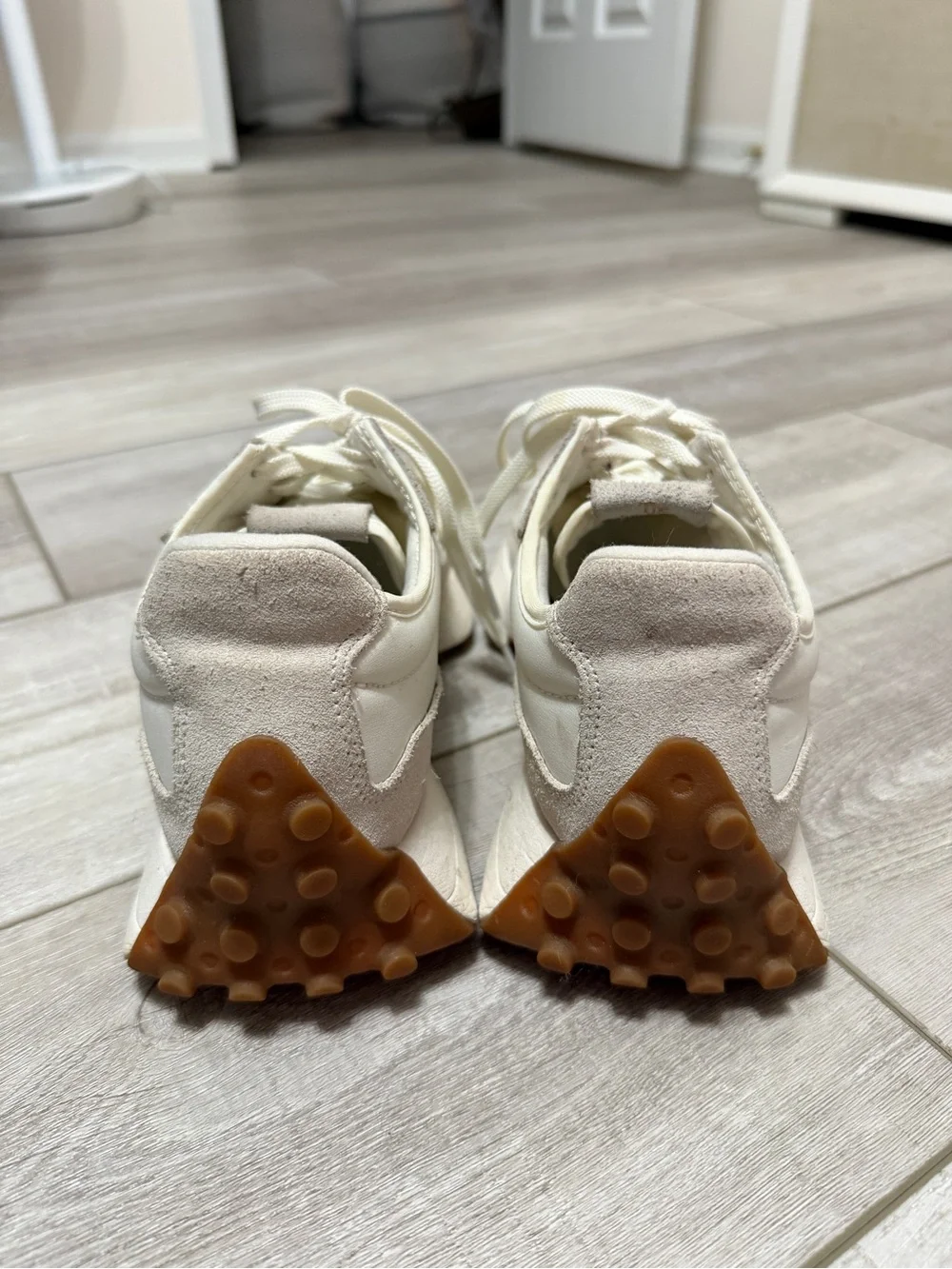 New Balance 327 Cream & White Suede Accent Sneakers